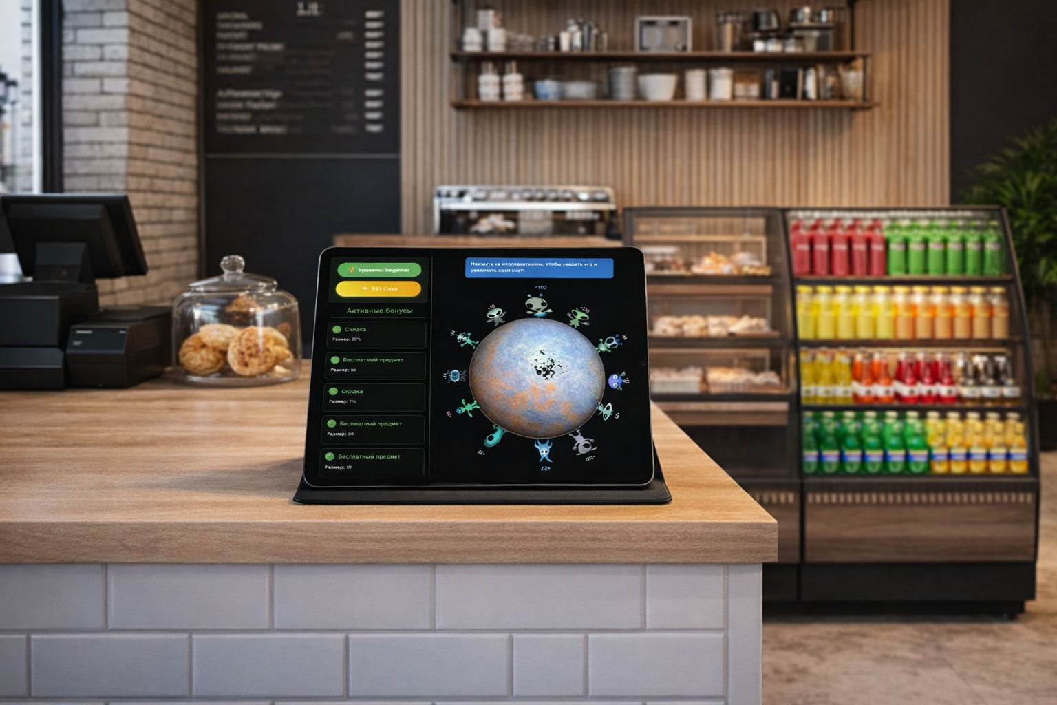 Perkflow running on a tablet at a coffee shop counter